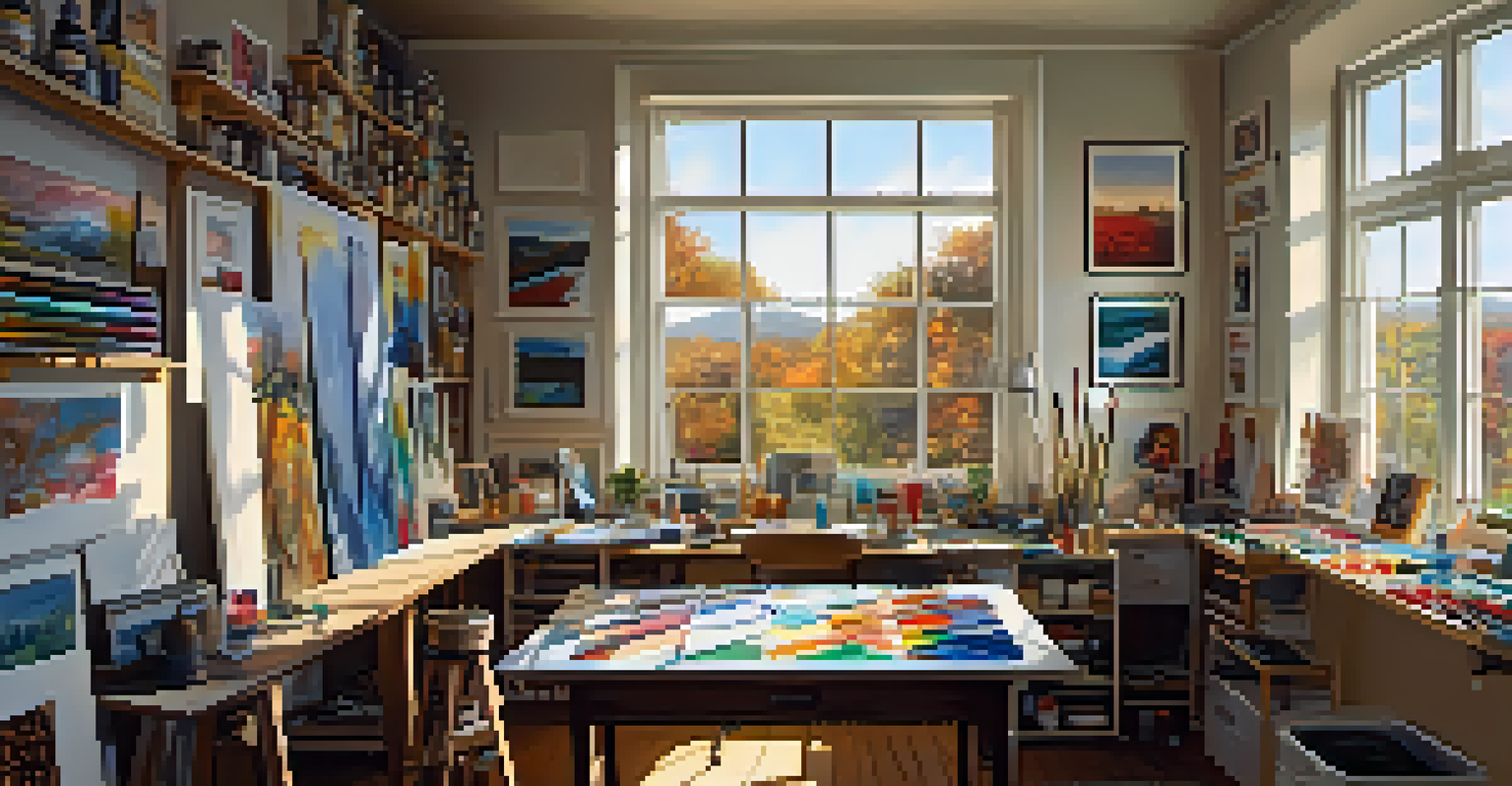 An artist's workspace with paint tubes, brushes, a half-finished landscape canvas, and art pieces on the wall.