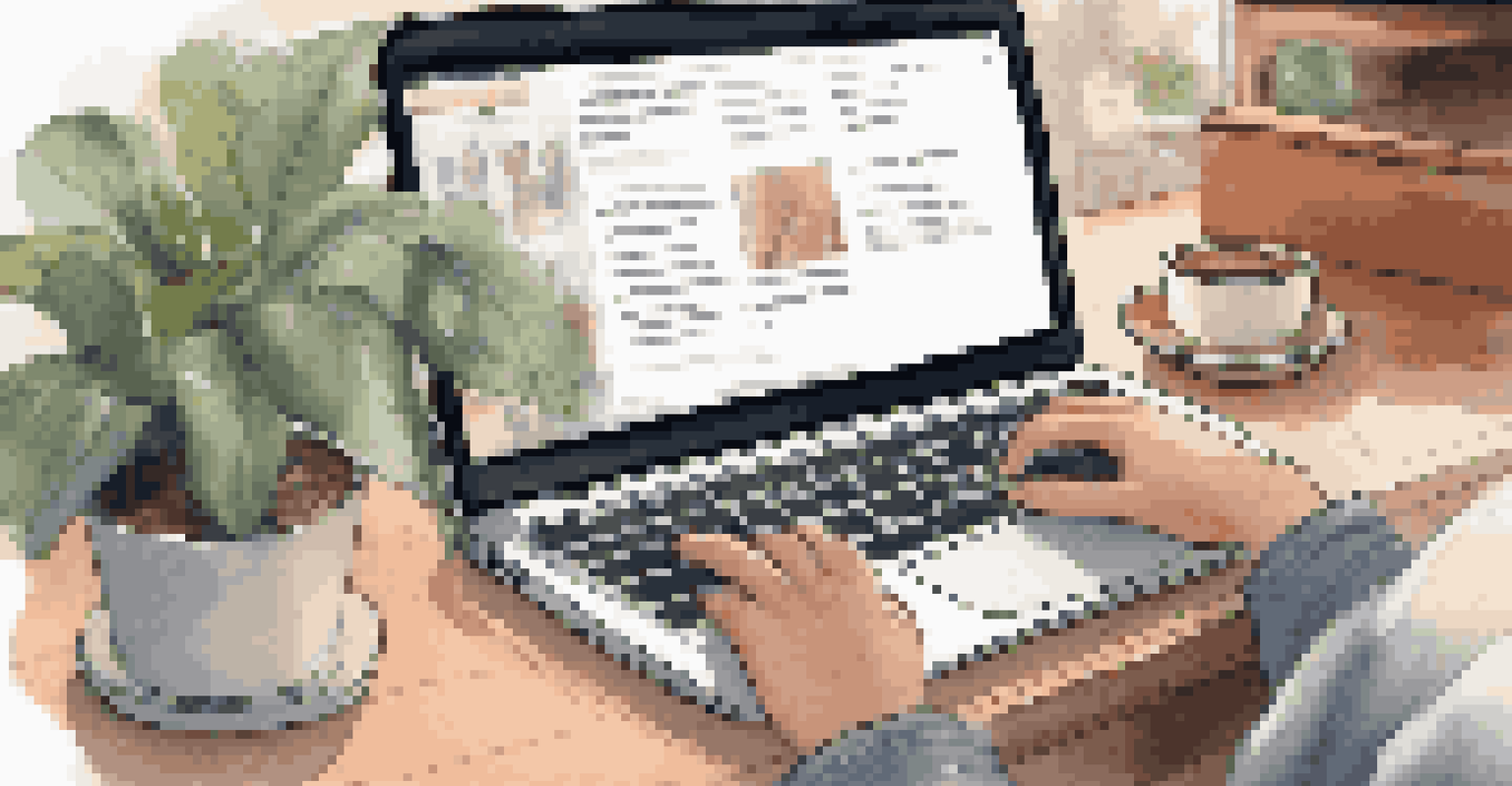 A close-up of a student typing on a laptop, with a screen displaying a blog post about online safety in a cozy workspace.