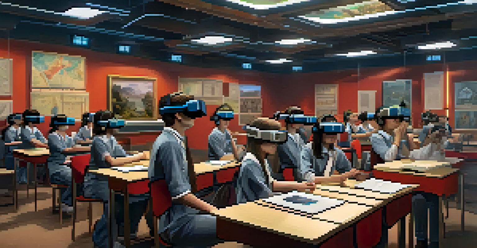Students using virtual reality headsets in a classroom, exploring a historical event in a vivid 3D environment.