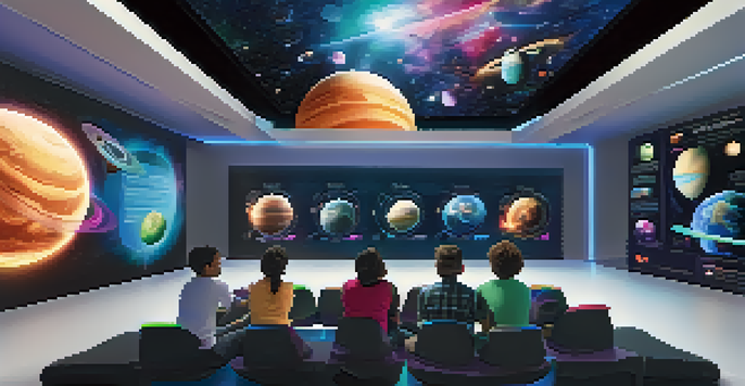 A group of diverse students in a bright classroom wearing VR headsets, exploring a virtual space environment with 3D holographic models.