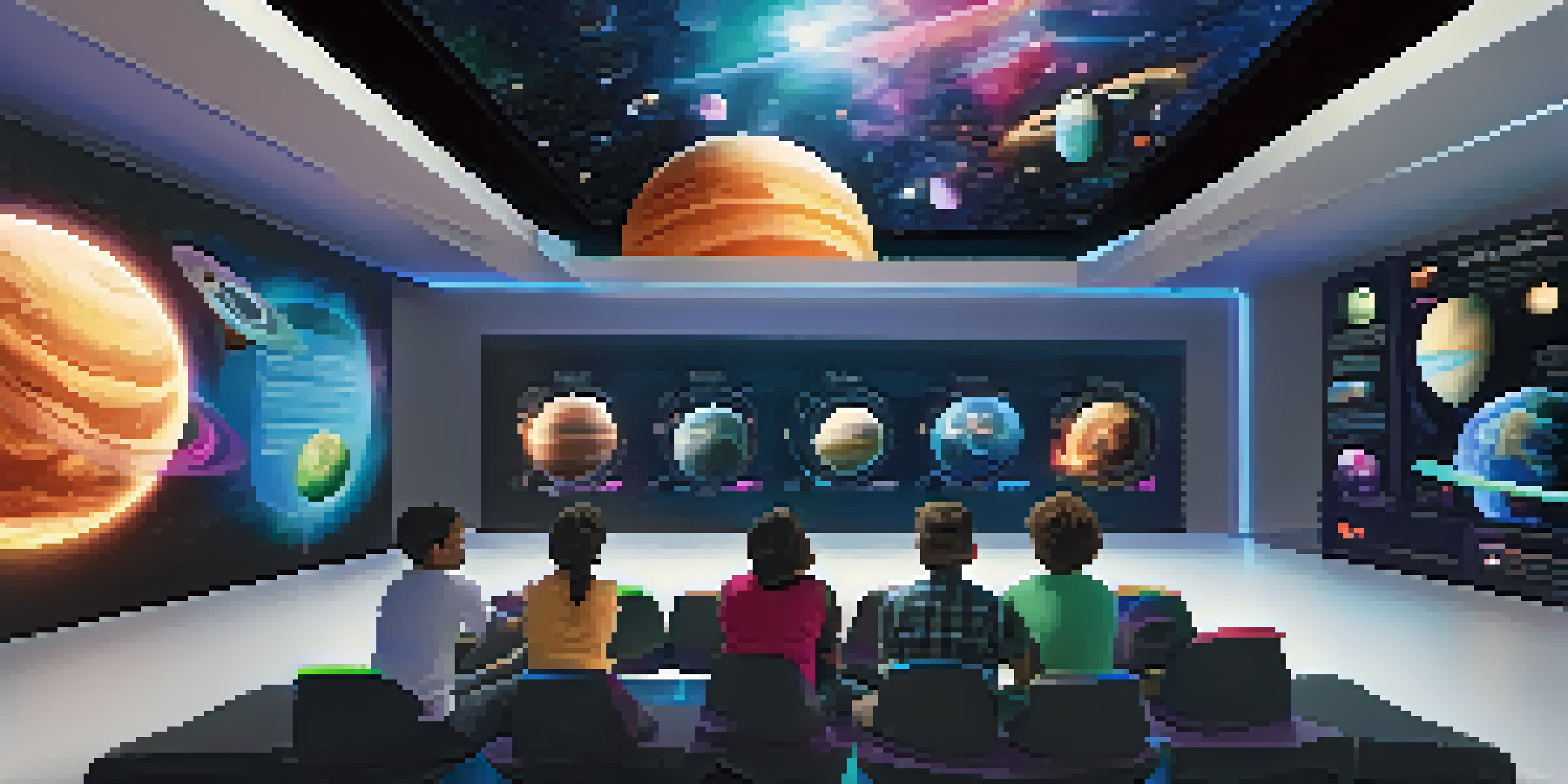 A group of diverse students in a bright classroom wearing VR headsets, exploring a virtual space environment with 3D holographic models.