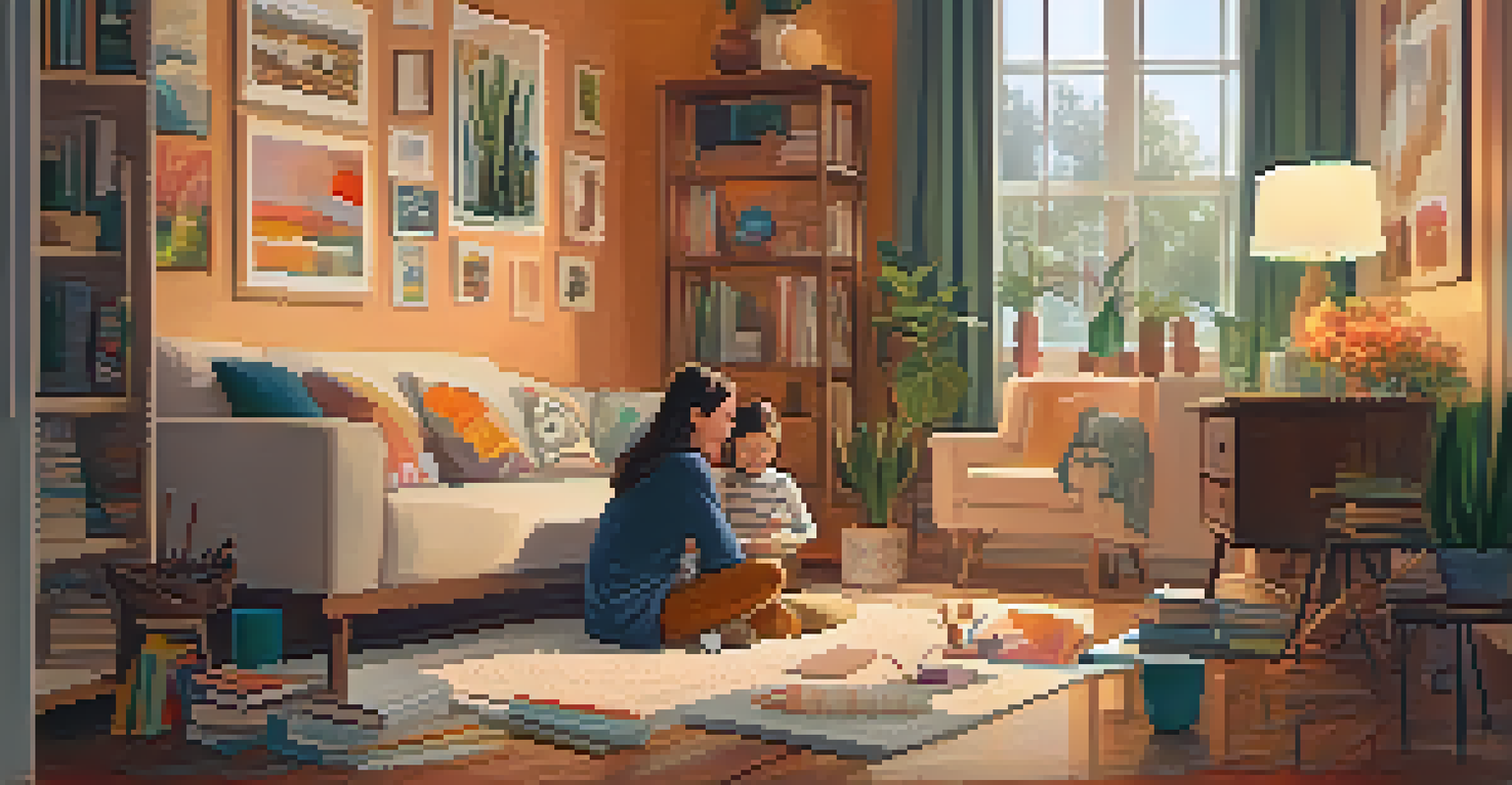 A parent and child in a cozy living room, surrounded by art supplies, engaging in an emotional expression activity.