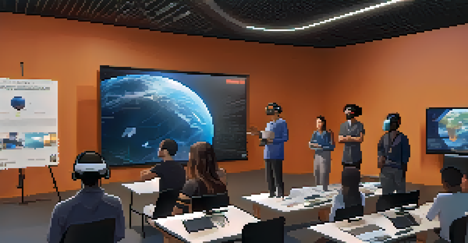 A diverse group of learners engaging in a global lecture through VR, in a futuristic virtual setting that promotes collaboration and cultural exchange.