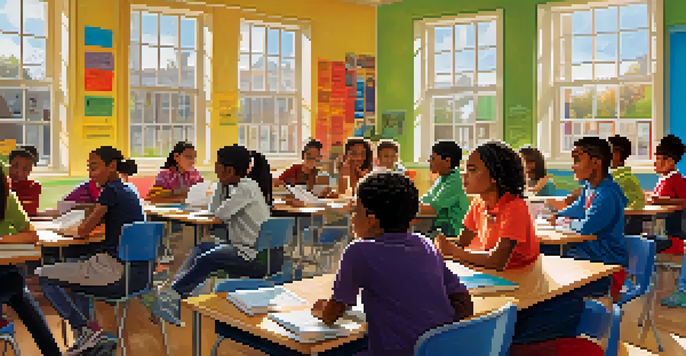 A lively classroom with diverse students collaborating in groups, discussing ideas with books and laptops, illuminated by natural light.