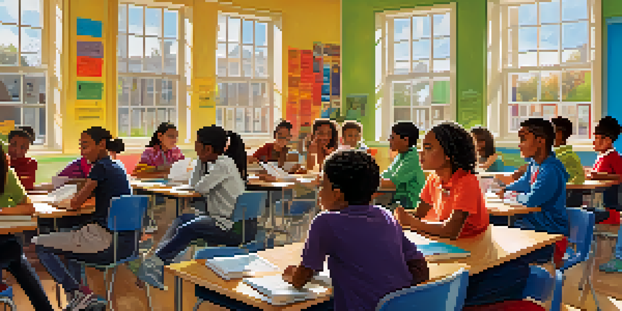 A lively classroom with diverse students collaborating in groups, discussing ideas with books and laptops, illuminated by natural light.