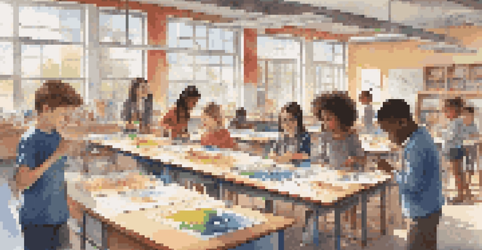 A diverse group of students in a bright classroom working together on a model bridge for a STEAM project, with art supplies and a teacher present.