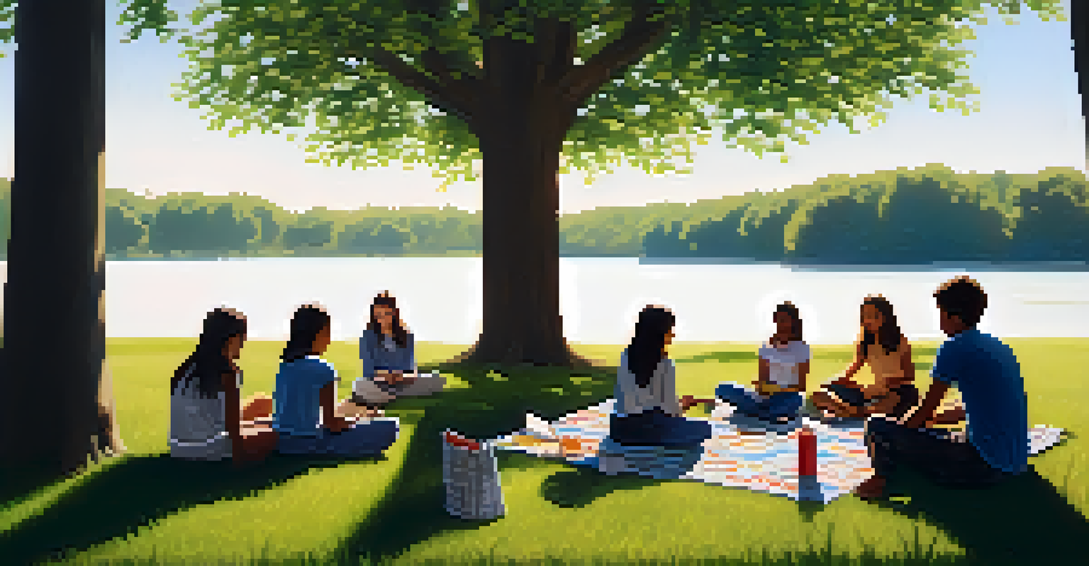 A group of students sitting on picnic blankets under a tree in a grassy field, engaging in a peer support circle, surrounded by notebooks and refreshments in a peaceful outdoor setting.