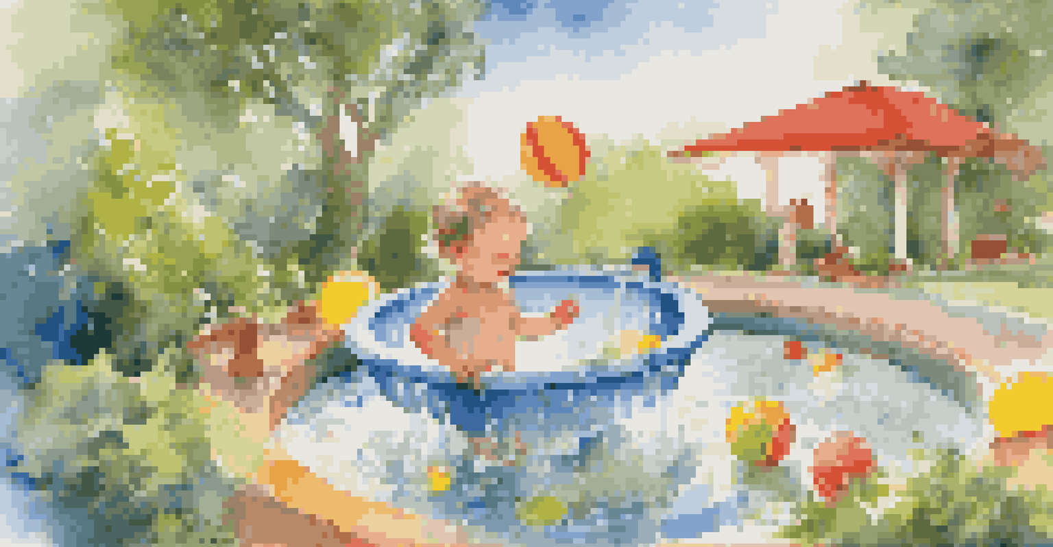 A child joyfully splashing water from a basin outdoors, surrounded by greenery and a bright blue sky, showcasing playful exploration.