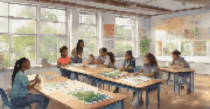 A classroom filled with students of various backgrounds collaborating on a sustainability project, surrounded by educational posters and natural light.