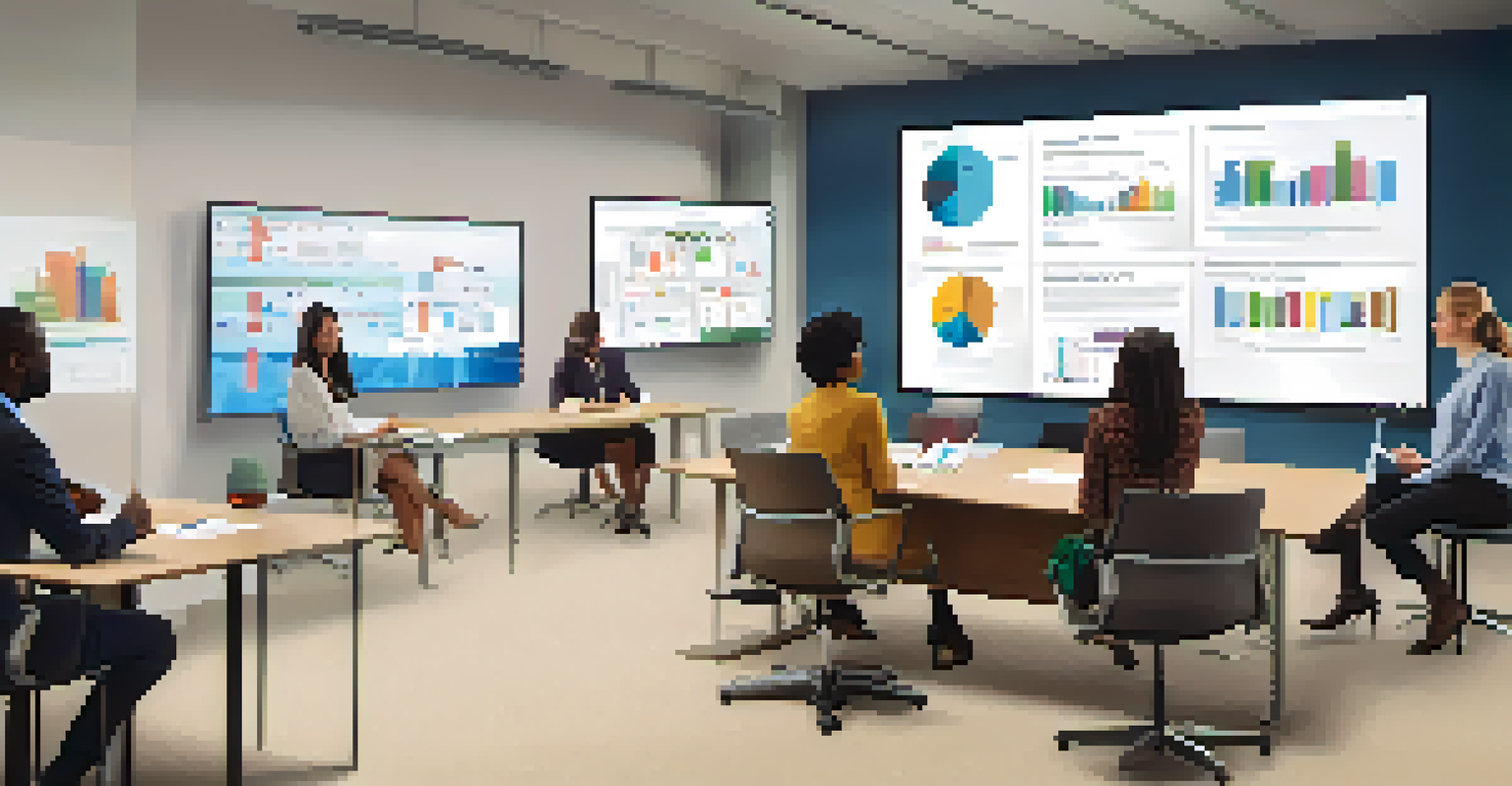 A group of diverse educators discussing learning analytics strategies in a professional conference room.