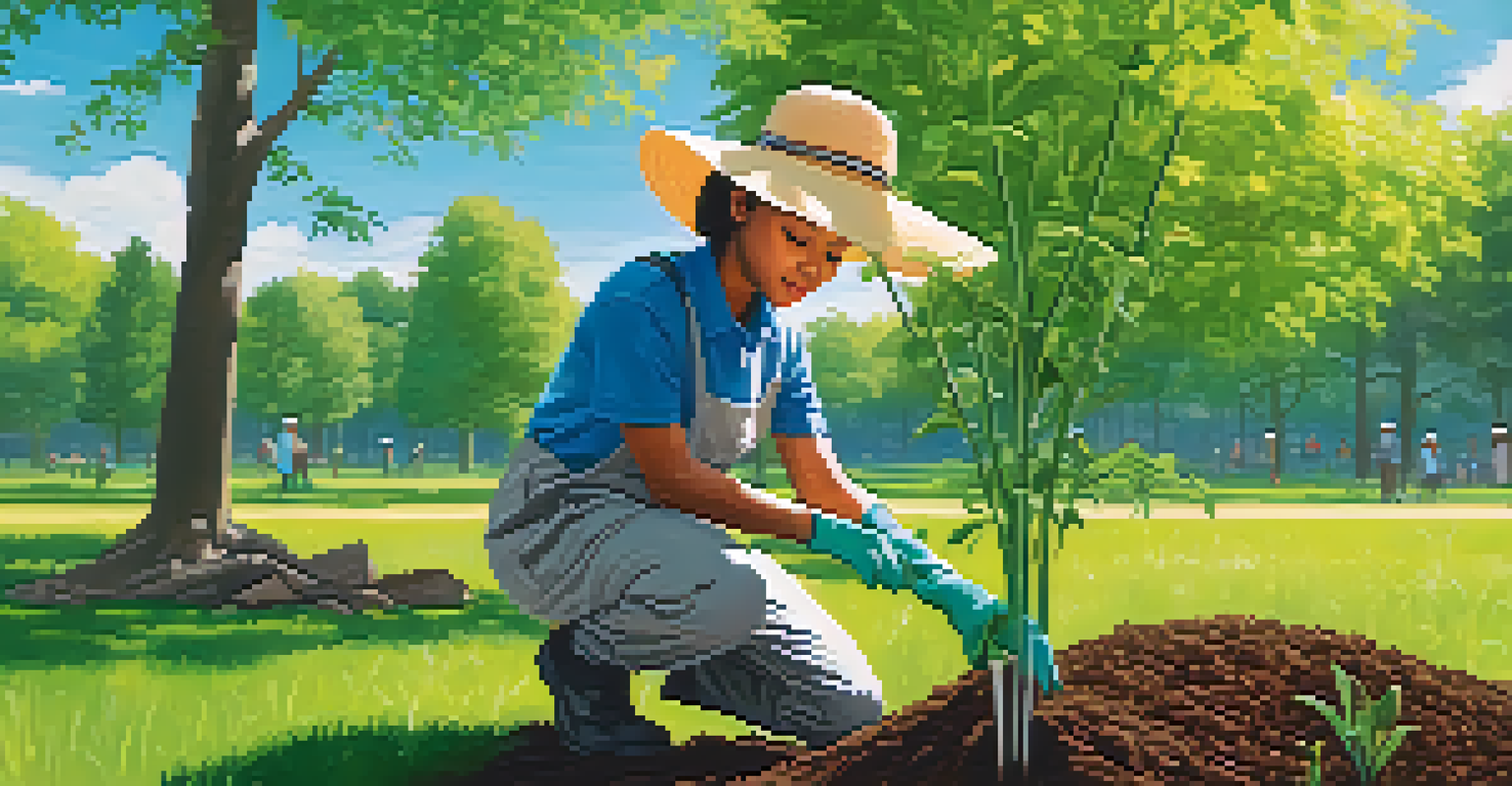An adult learner planting trees in a park, engaged in an environmental service project with greenery around.