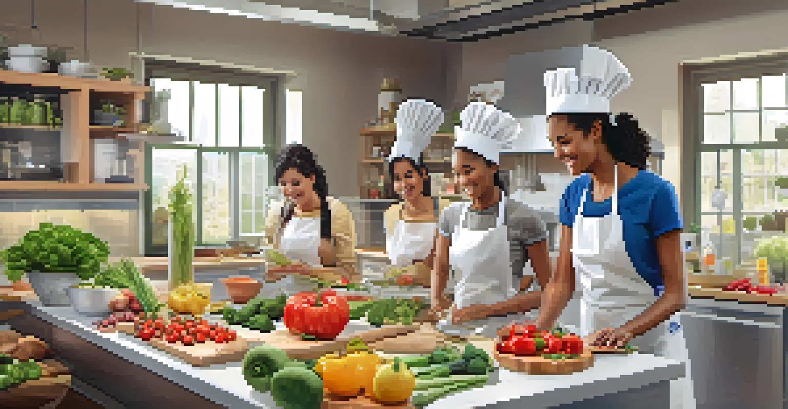 Students in a bright kitchen participating in a cooking workshop focused on nutrition, with fresh ingredients and a nutritionist demonstrating healthy cooking.