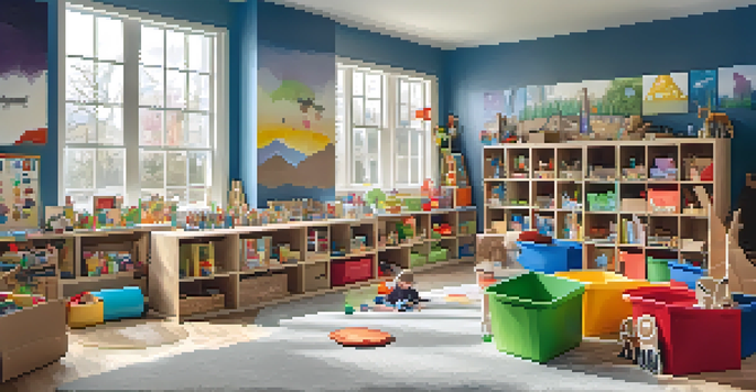 A bright playroom with colorful bins and children engaged in creative play with cardboard boxes and fabrics.
