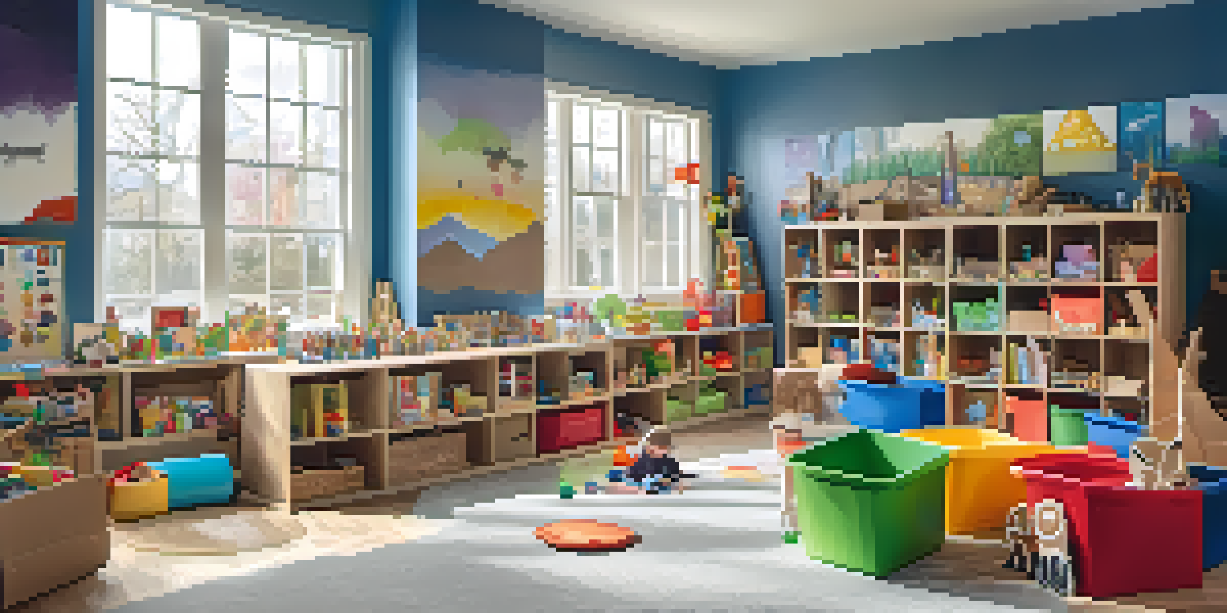 A bright playroom with colorful bins and children engaged in creative play with cardboard boxes and fabrics.