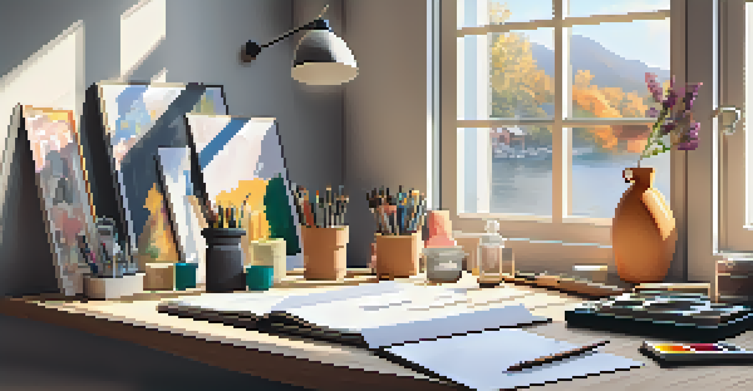 An artist's workspace with an open sketchbook and digital tablet, surrounded by art supplies and framed artworks, illuminated by bright sunlight.