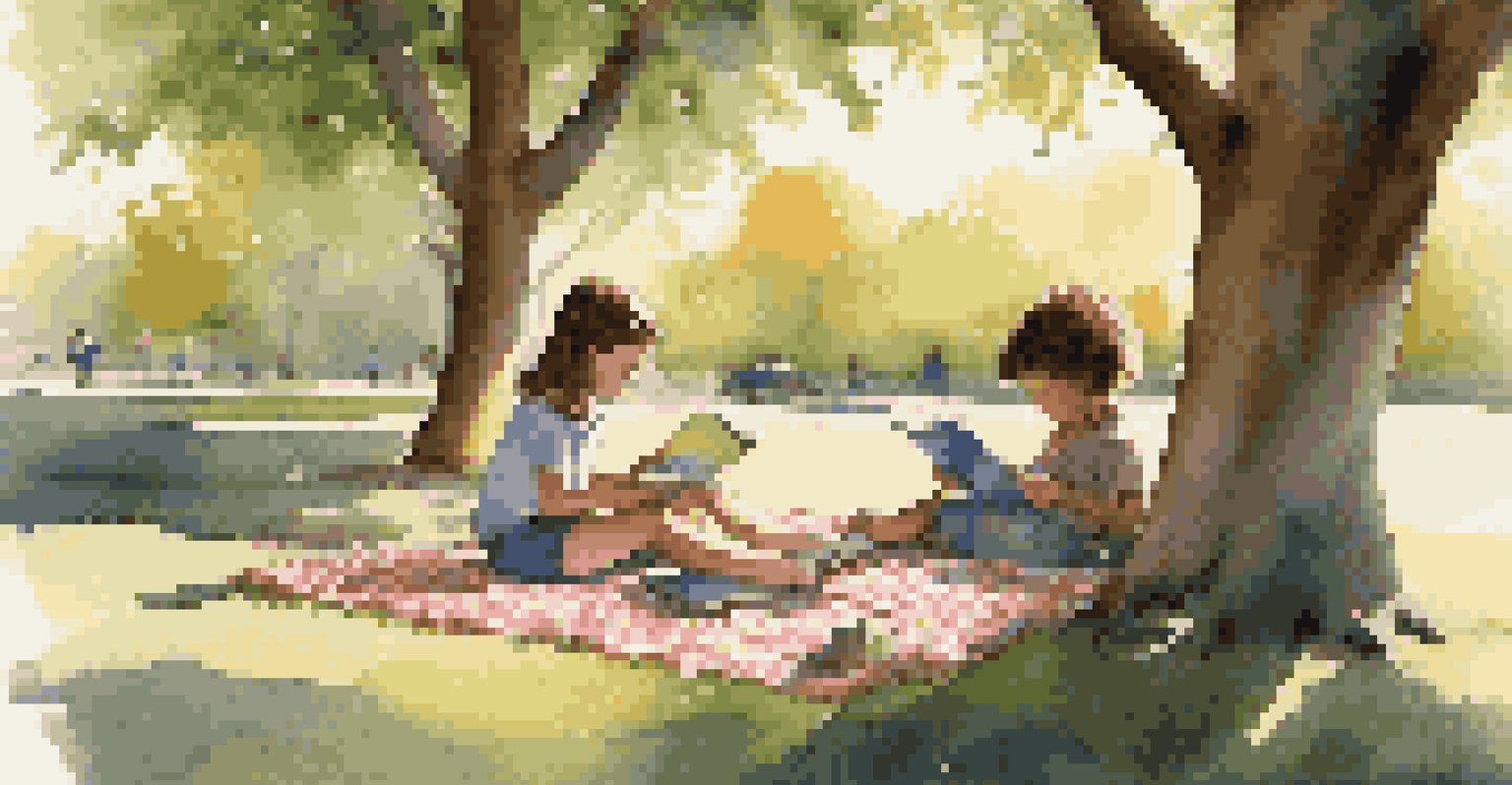 Children playing in a park with a picnic blanket, one reading a book and another using a tablet under a tree.