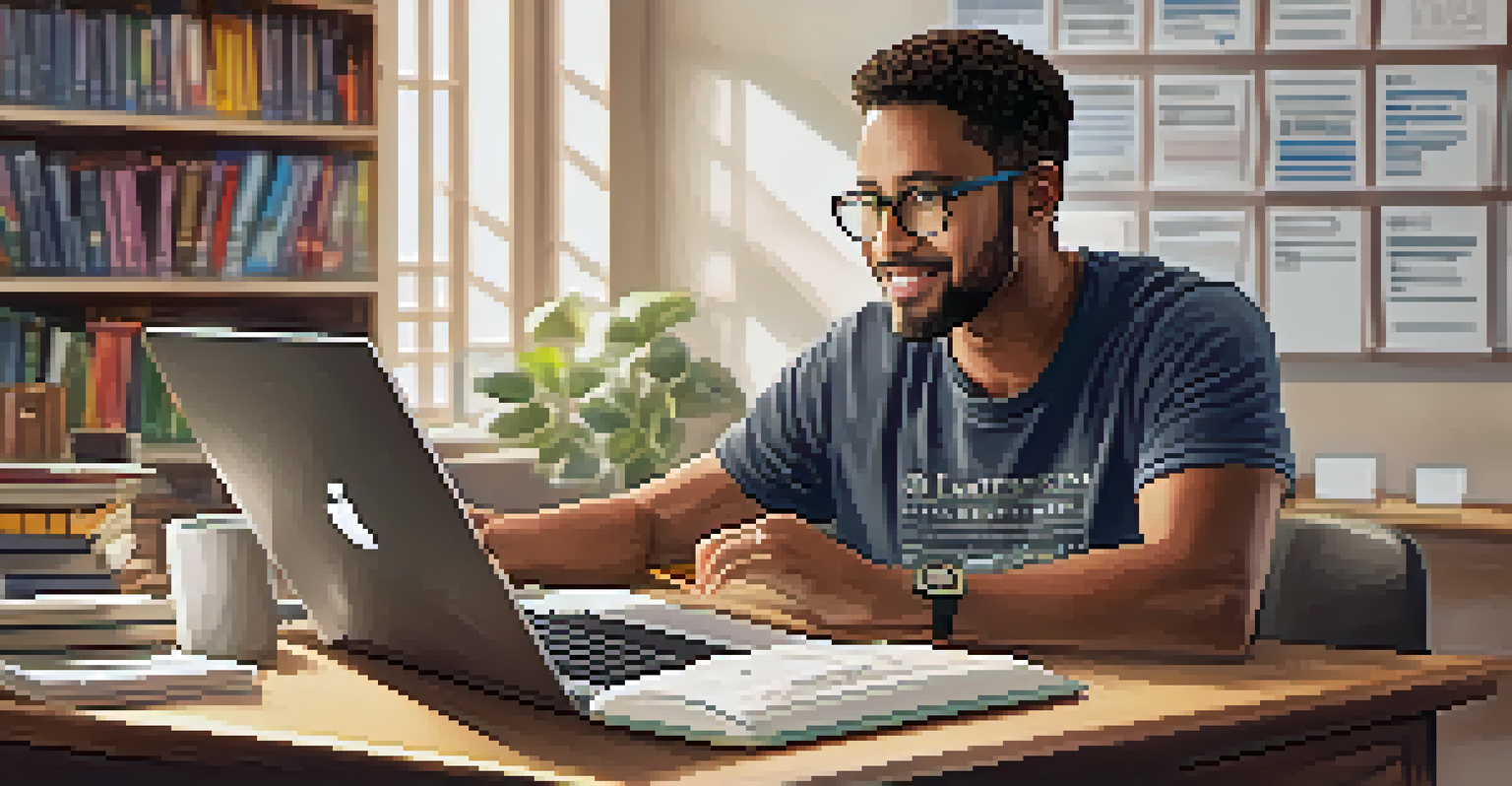 An adult learner focused on a laptop using a language learning app, surrounded by books and notes in a cozy, well-lit room with a motivational quote on the wall.