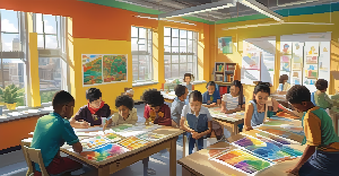 A diverse group of students working together on a project in a colorful classroom, surrounded by materials for building a model of a sustainable city.