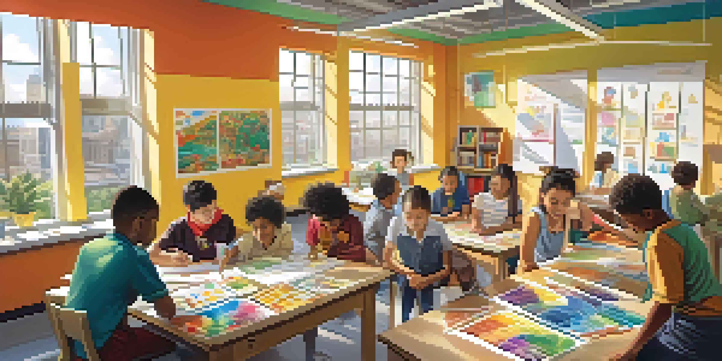 A diverse group of students working together on a project in a colorful classroom, surrounded by materials for building a model of a sustainable city.