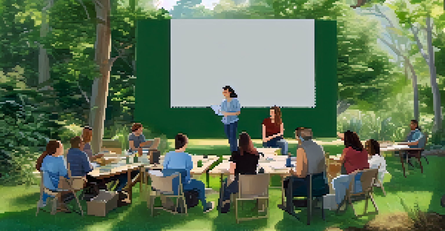 Adult learners participating in an outdoor workshop with a facilitator presenting digital content.