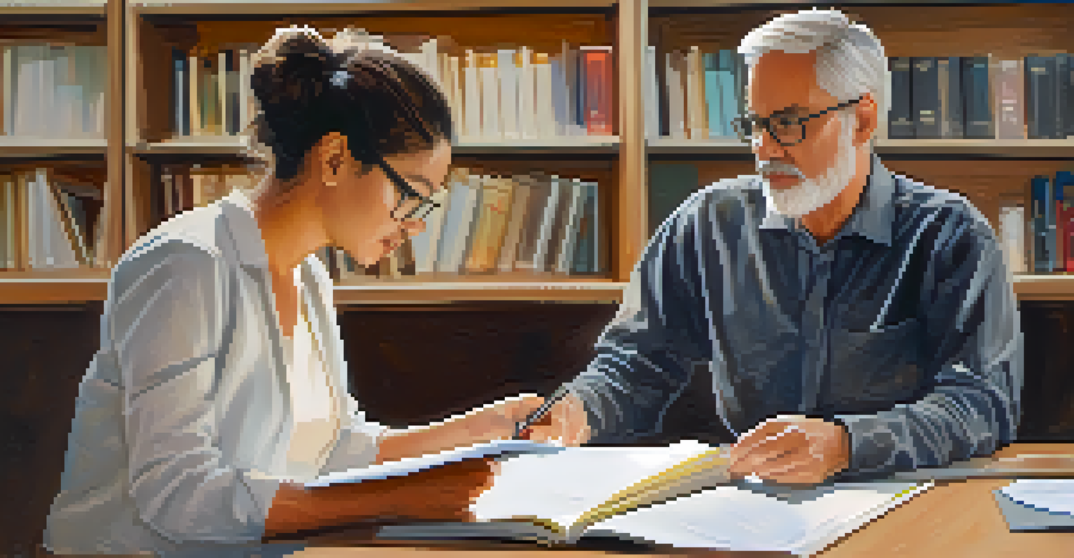An adult learner receiving feedback from an instructor in a cozy office setting, with notes and a document.