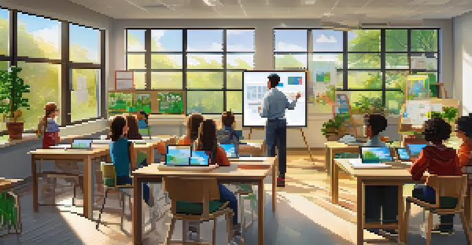 A colorful and engaging modern classroom with students using tablets and a teacher facilitating a discussion, illuminated by sunlight.
