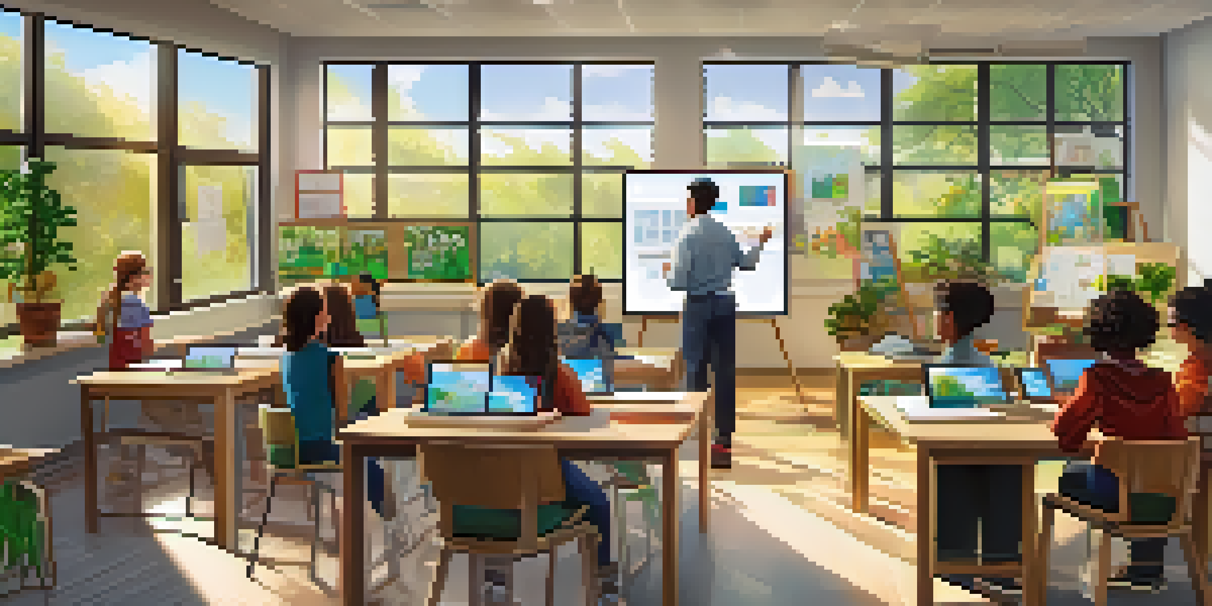 A colorful and engaging modern classroom with students using tablets and a teacher facilitating a discussion, illuminated by sunlight.