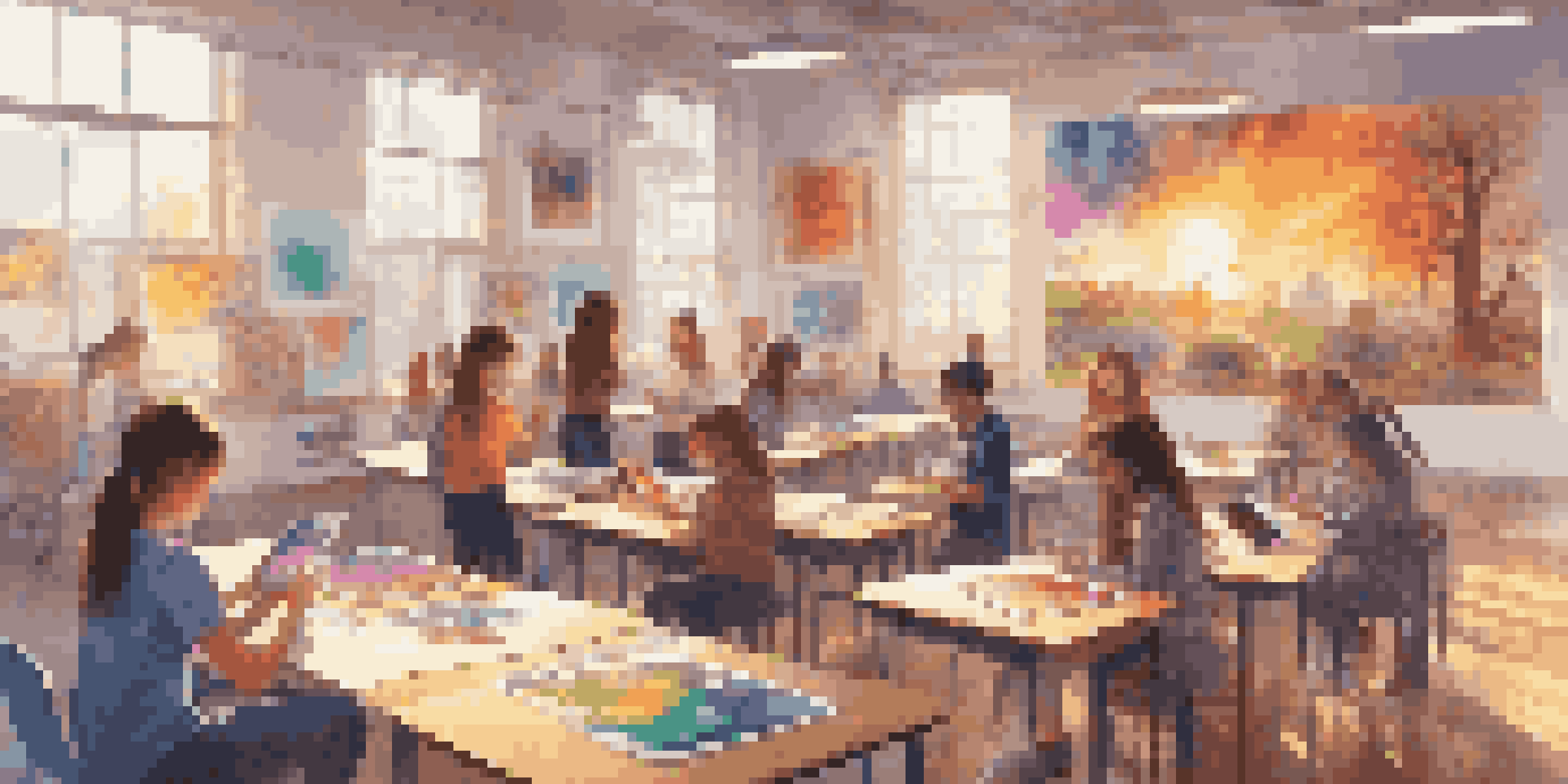 A lively classroom where students are using tablets to explore augmented reality art projects, surrounded by colorful artwork and natural light.