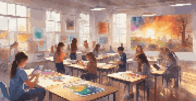 A lively classroom where students are using tablets to explore augmented reality art projects, surrounded by colorful artwork and natural light.