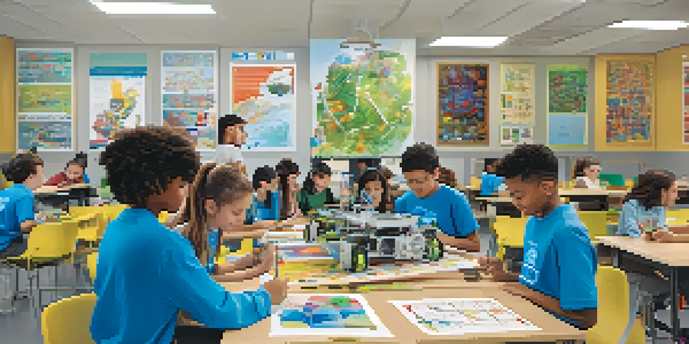 A bright classroom where diverse students are engaged in a hands-on learning activity, collaborating on projects with various materials.