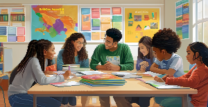 A diverse group of students working together on a project in a colorful classroom.