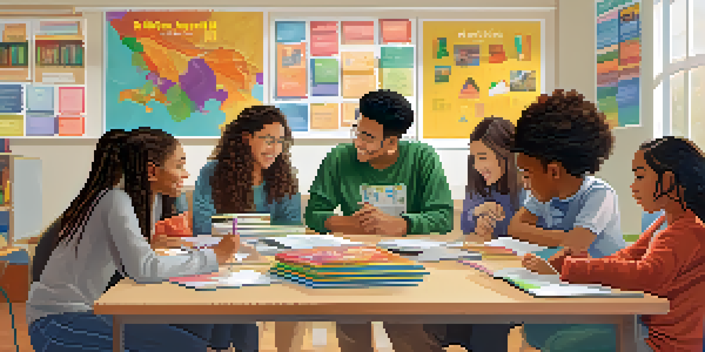 A diverse group of students working together on a project in a colorful classroom.