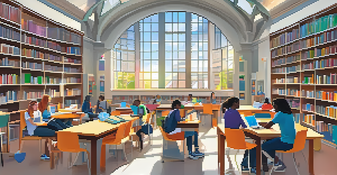 A diverse group of students and educators collaborating in a bright digital library filled with textbooks and electronic devices, with sunlight streaming through the windows.