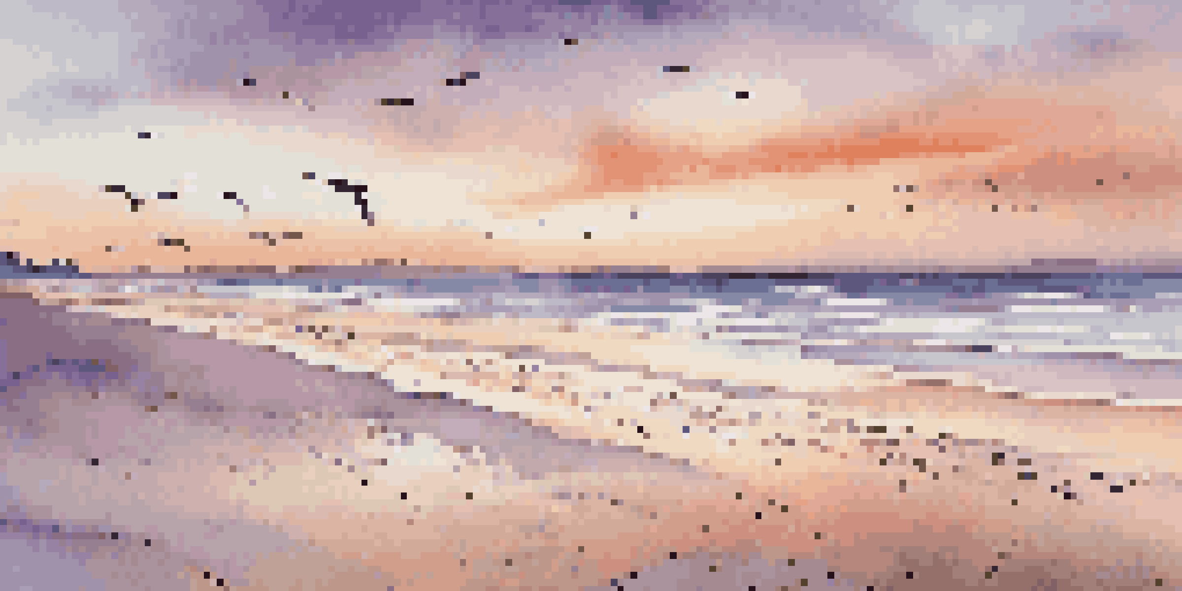 A tranquil beach scene at sunset with waves, colorful sky, and seagulls.