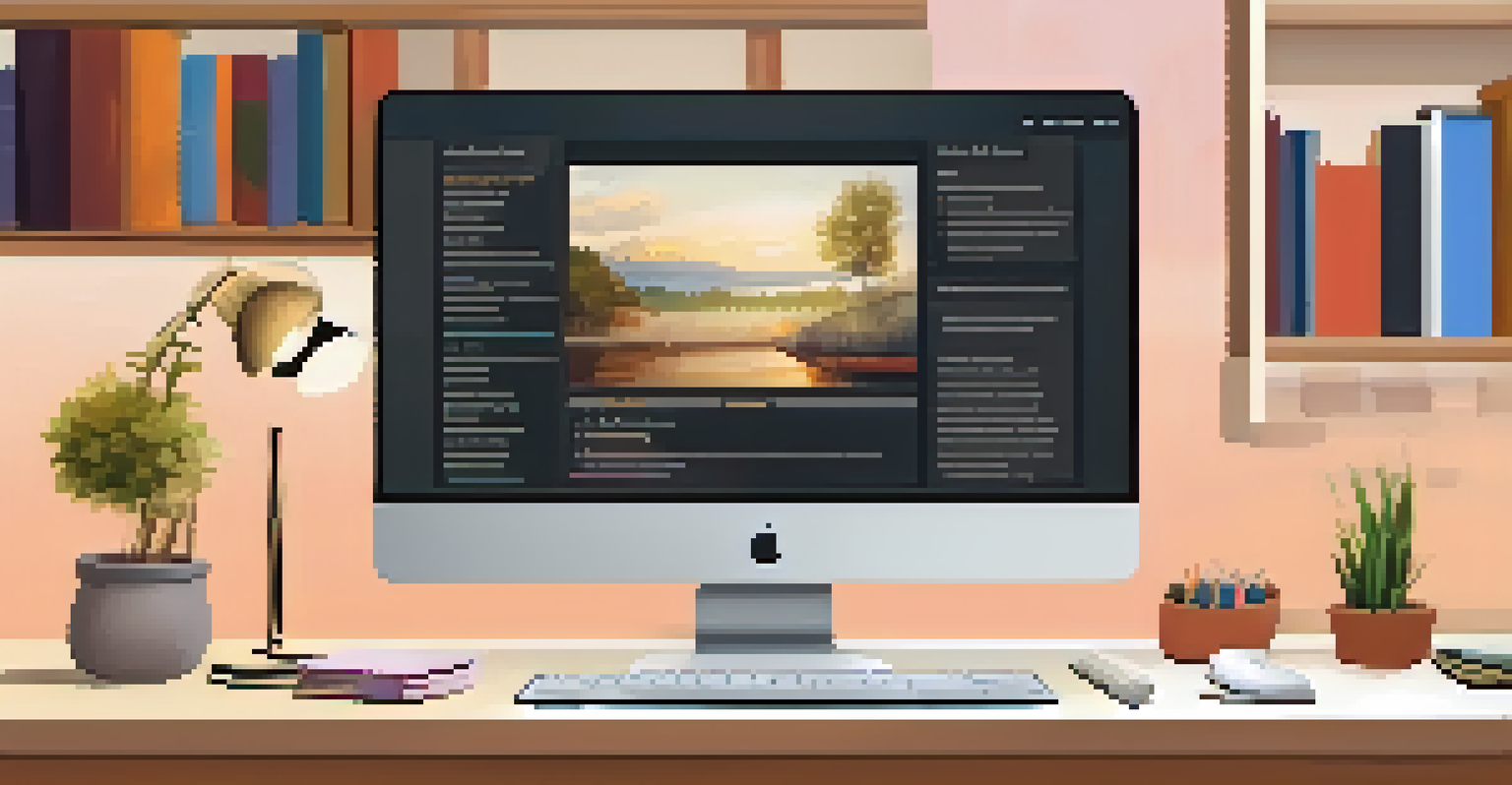 A computer screen showing an online rubric creation tool in a cozy study environment with bookshelves.