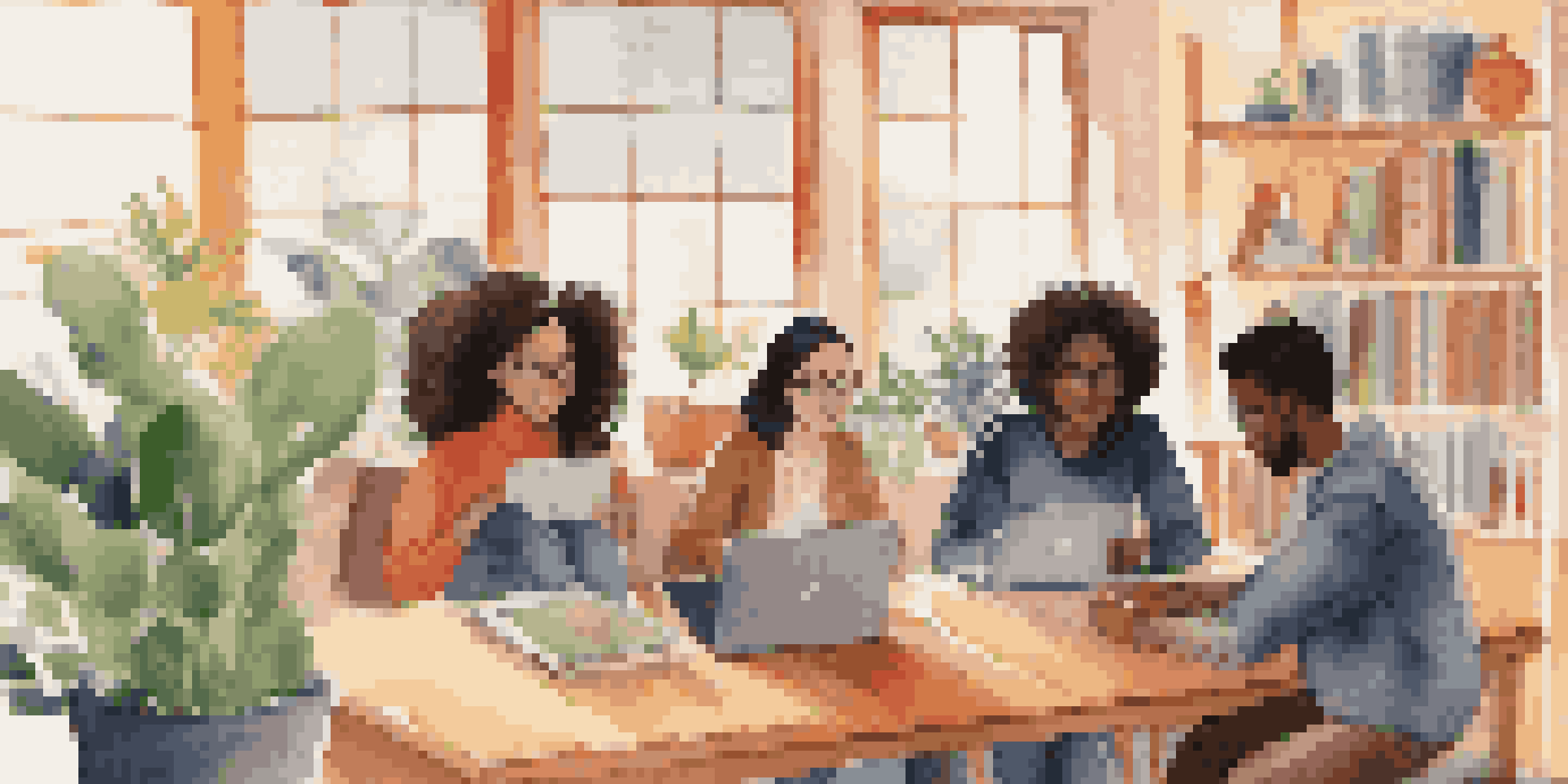 A group of students participating in a video conference in a warm and inviting online classroom.