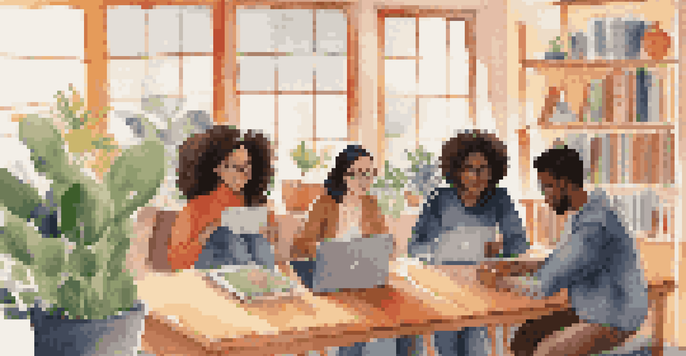 A group of students participating in a video conference in a warm and inviting online classroom.