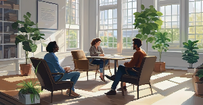 A mentor and mentee having a productive discussion in a bright office with natural light.