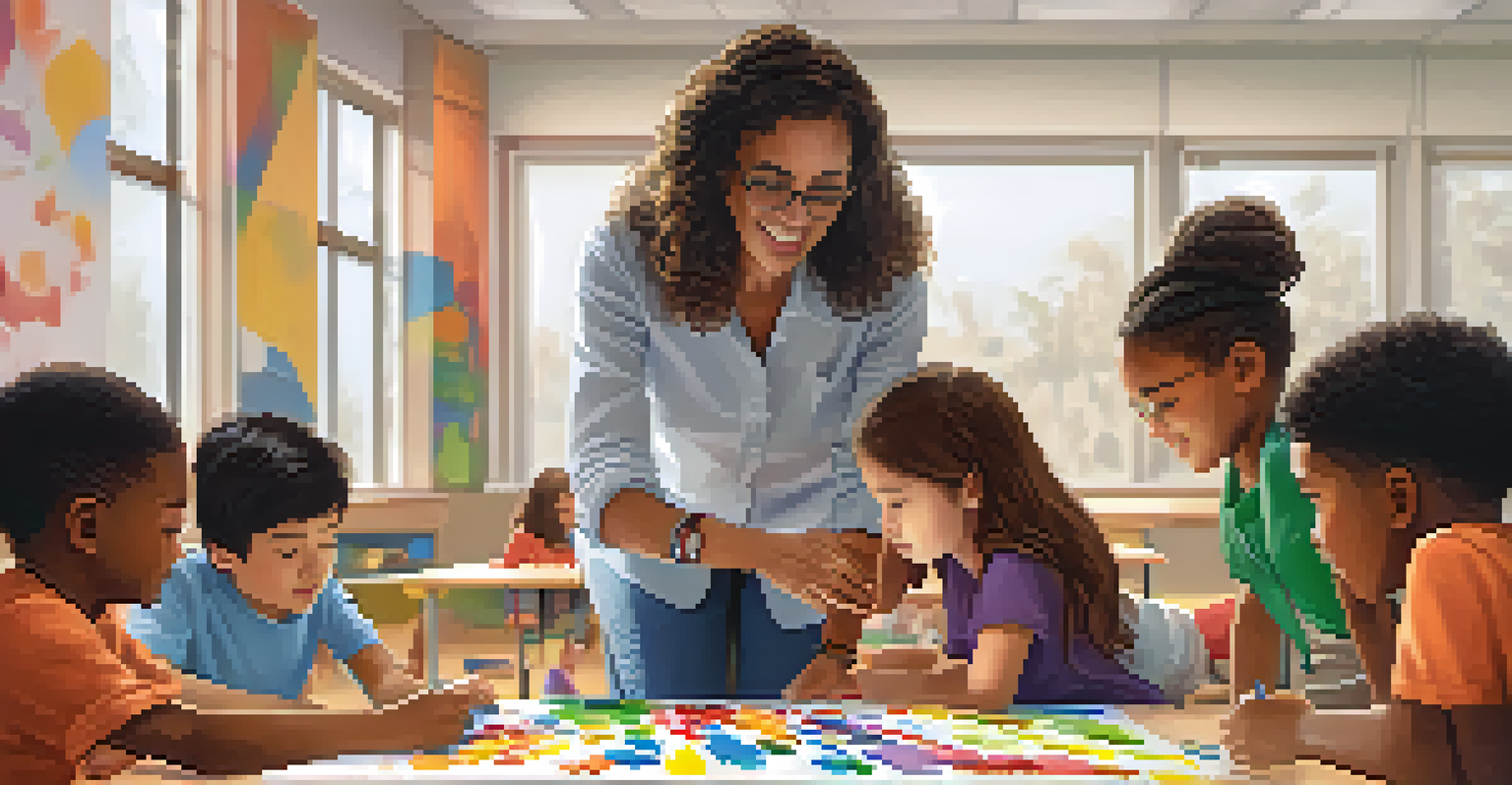 An educator assisting neurodiverse students in a colorful classroom with hands-on learning activities and educational tools.