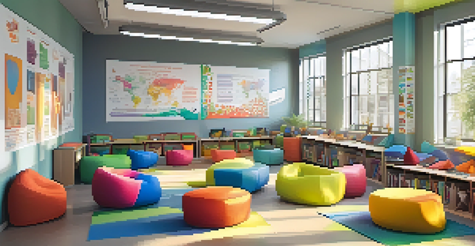 A lively classroom with flexible seating and students collaborating on projects, illuminated by natural light.