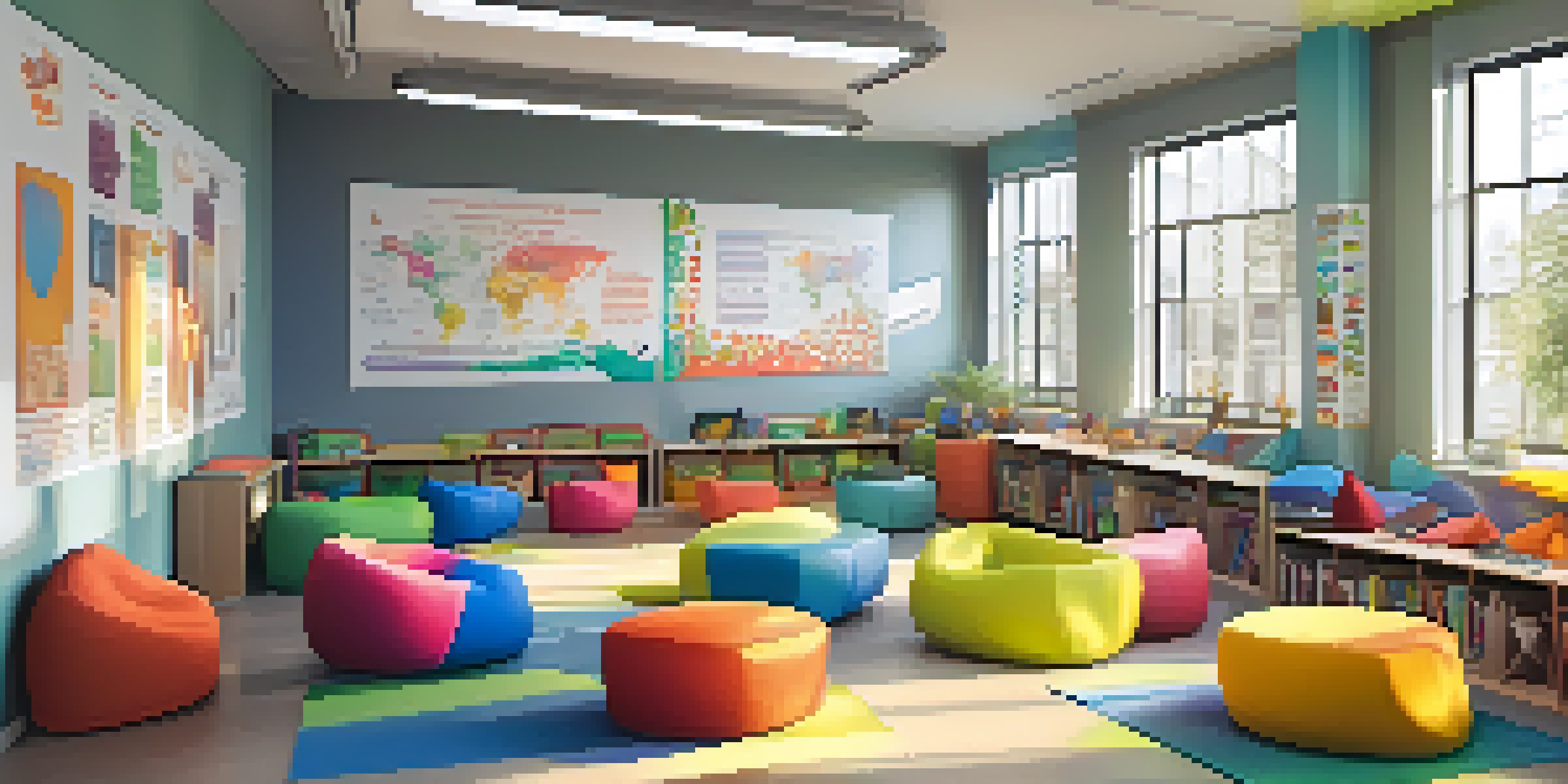 A lively classroom with flexible seating and students collaborating on projects, illuminated by natural light.