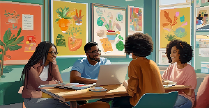 A diverse group of students in a well-lit room, engaged in a virtual study group with laptops and snacks, showcasing collaboration and interaction.