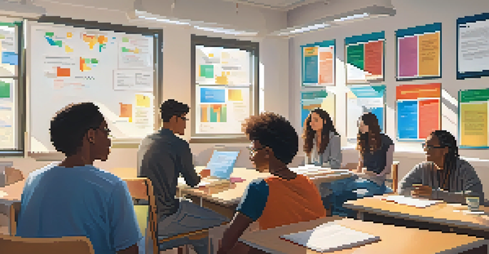 A group of diverse students in a classroom discussing data privacy with a focus on consent, surrounded by educational materials.