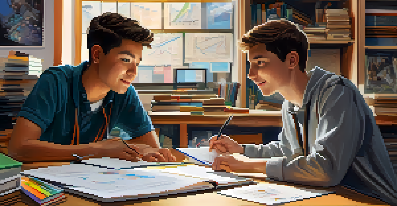 Two students engaged in a discussion, pointing at a laptop screen with charts, surrounded by books on a desk.