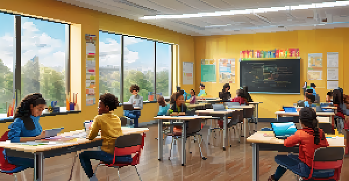 A vibrant classroom with students using technology such as tablets and laptops, showcasing an engaging learning environment.
