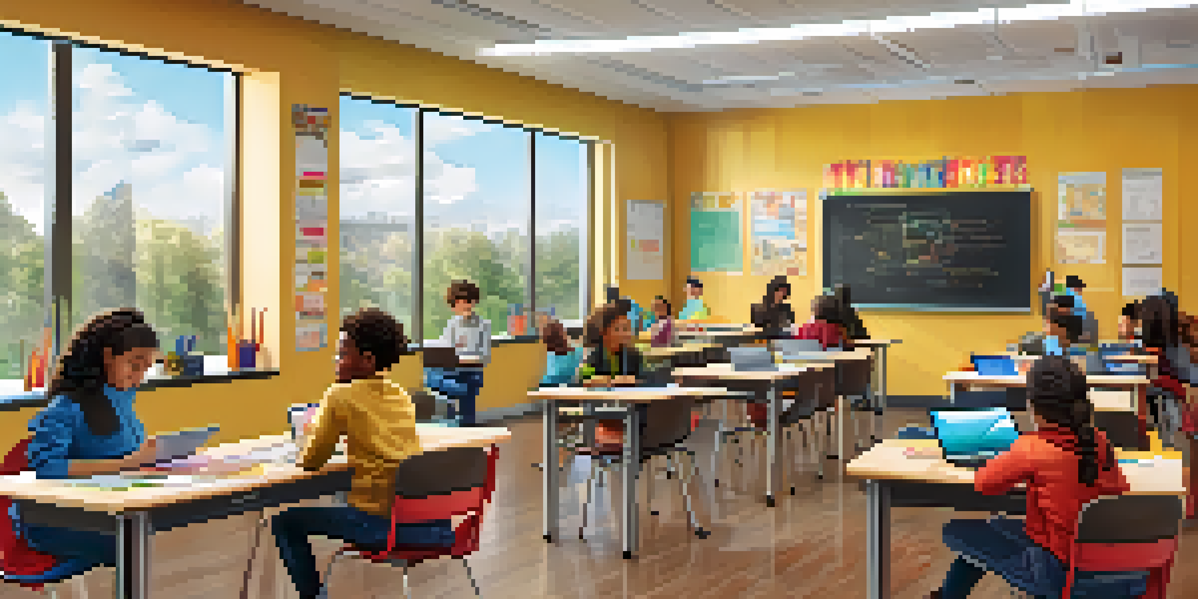 A vibrant classroom with students using technology such as tablets and laptops, showcasing an engaging learning environment.