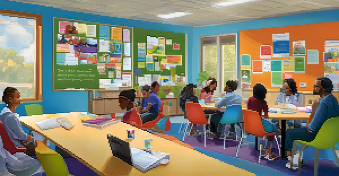 A bright teacher's lounge where diverse educators are collaborating and sharing ideas, surrounded by colorful decorations and natural light.