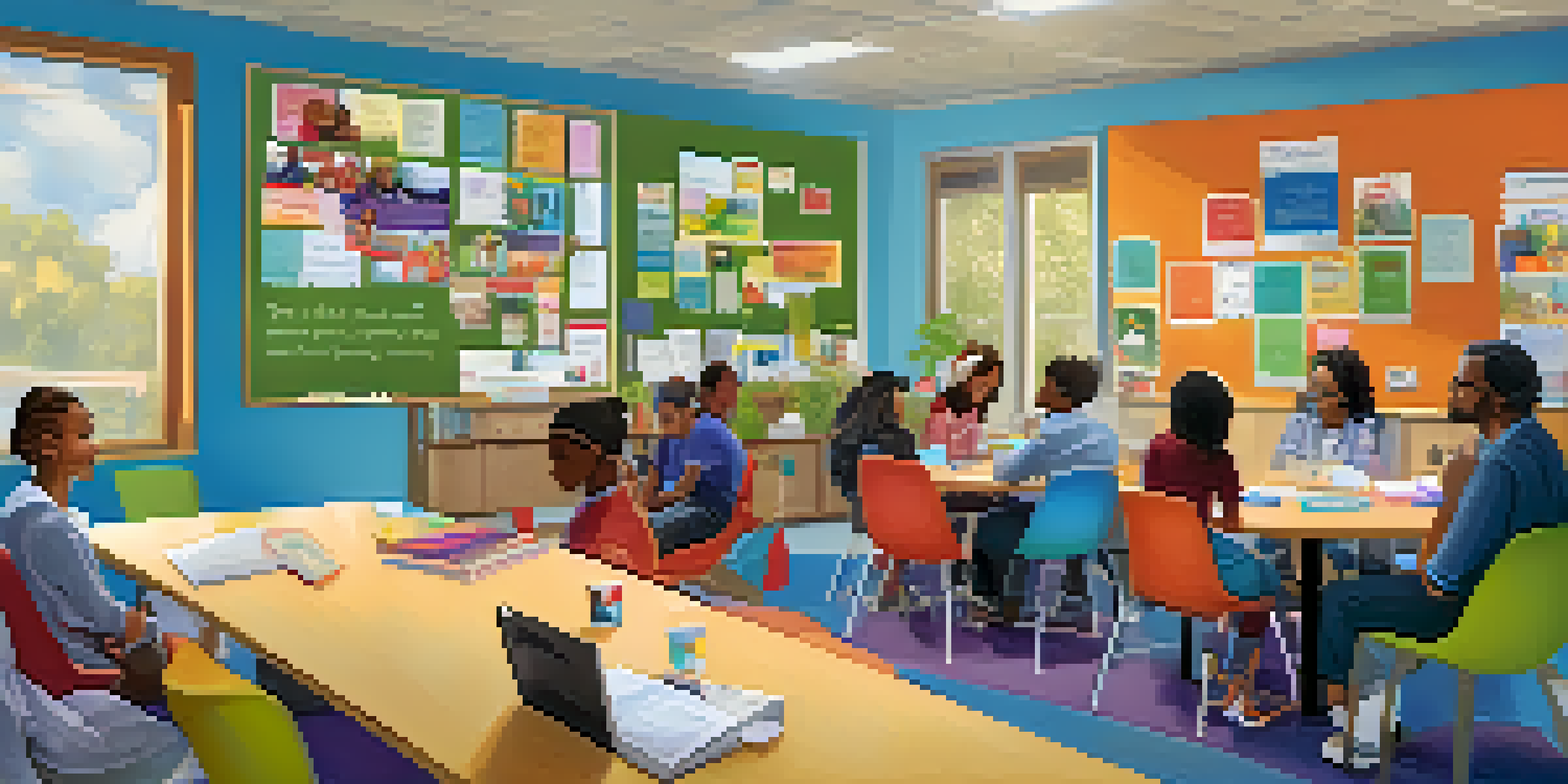 A bright teacher's lounge where diverse educators are collaborating and sharing ideas, surrounded by colorful decorations and natural light.