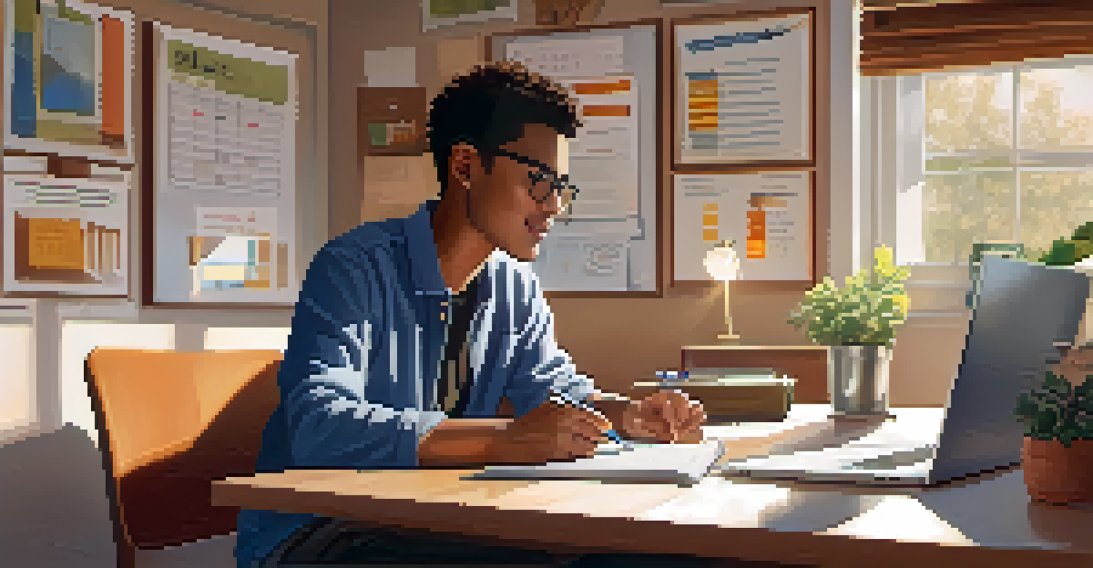 An adult learner managing work and study at a desk, with online classes displayed on a laptop.