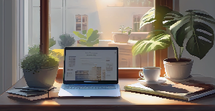 A peaceful workspace featuring a laptop with an online course open, coffee, notebooks, and a plant, illuminated by natural sunlight.